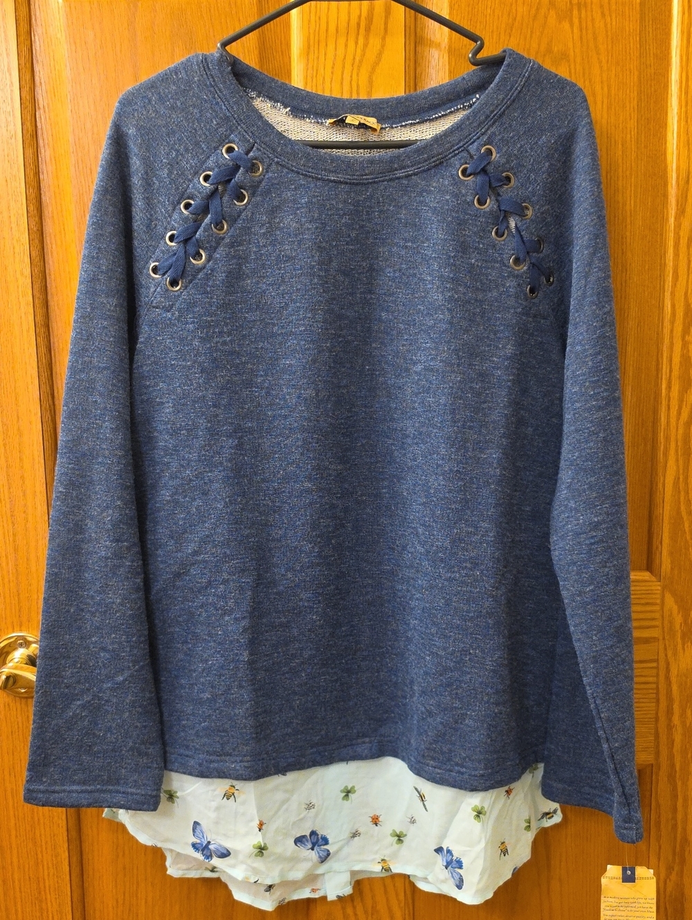 Democracy Navy Lace-Up Pullover with Floral Layered Hem